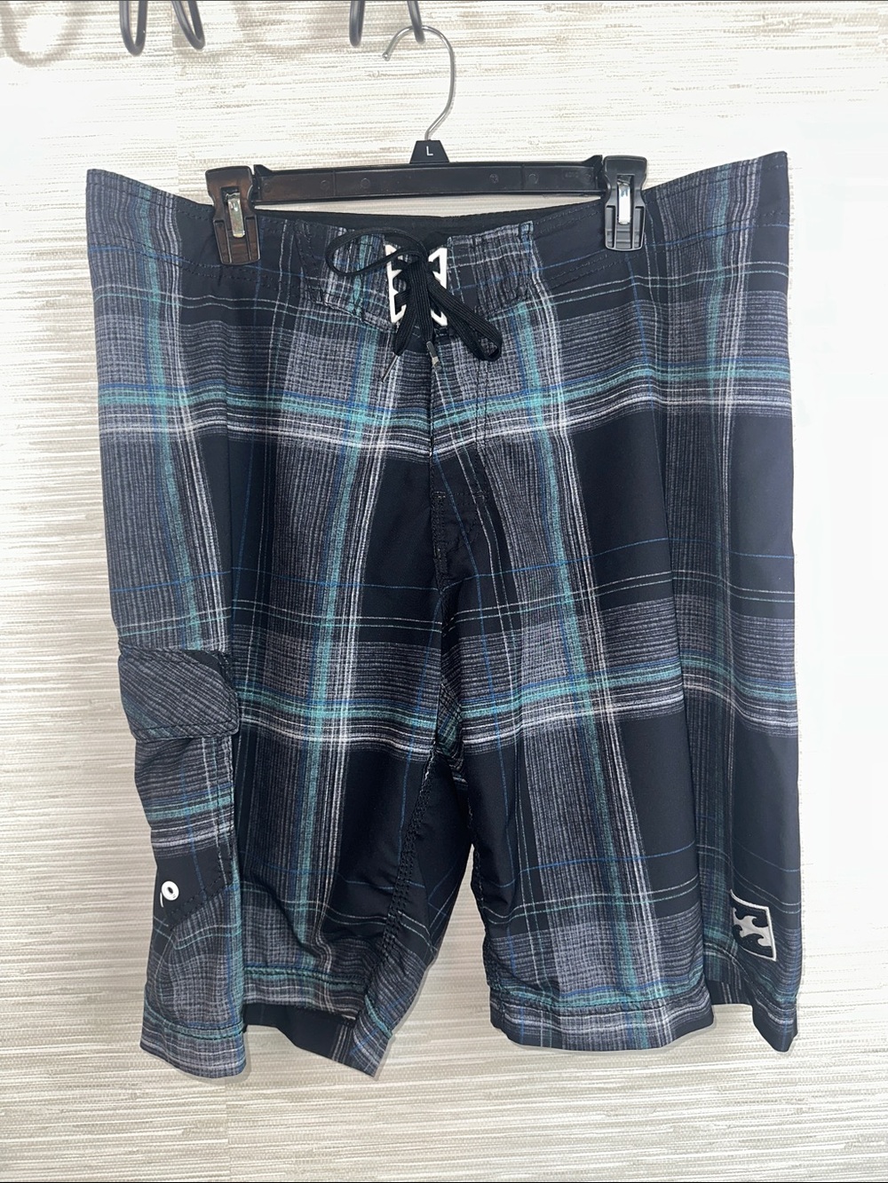 Billabong Black Plaid Board Shorts with Teal Stripes 38